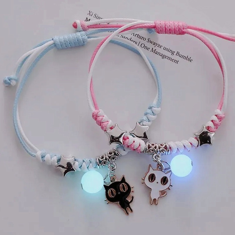 Gelang Tali Couple Pelangi Hati Set Korea Lucu Kucing Bercahaya Gelang Hari Valentine Kekinian