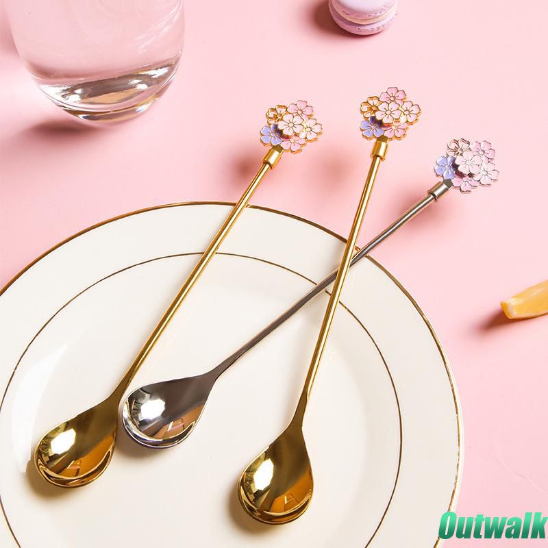 Spoon Stainless Steel Sendok Bundar Kecil Pegangan Bunga Sakura Sendok Pencampur Peralatan Makan Cherry Blossom Sendok Teh Dekorasi Rumah Aksesoris Dapur