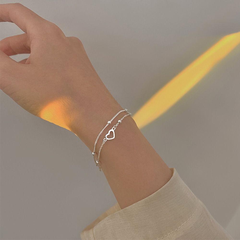 Mxbeauty Wanita Double Layer Gelang Kepribadian Keren Lingkaran Sederhana Berongga Hati Niche Desain Alloy Titanium Steel Rantai Tangan