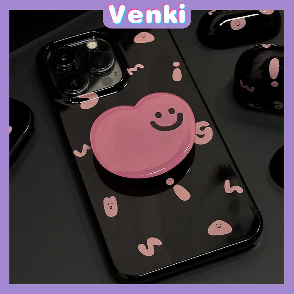 VENKI - Untuk iPhone 14 Pro Max iPhone Case Grip Berdiri Tersenyum Dudukan Lipat Hitam Glossy TPU Soft Case Huruf Merah Muda Kompatibel dengan iPhone 13 Pro max 12 Pro Max 11 xr xs max 7 8Plus