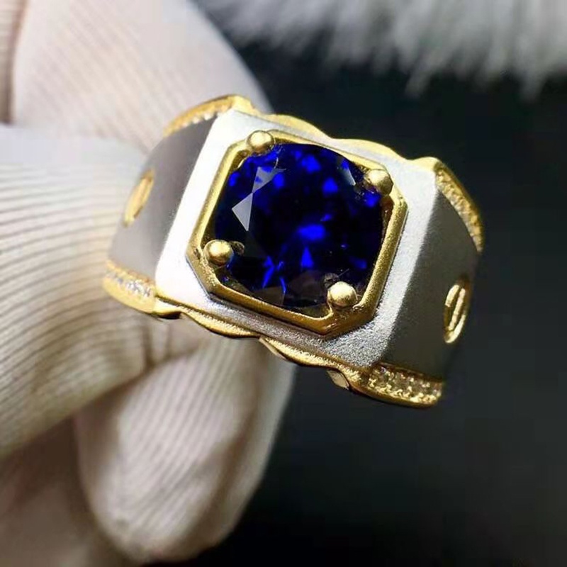 Mewah Perak Emas Pria Biru Zirkon Kristal Safir Cincin Titanium Fashion Perhiasan Pernikahan Cincin Aksesoris