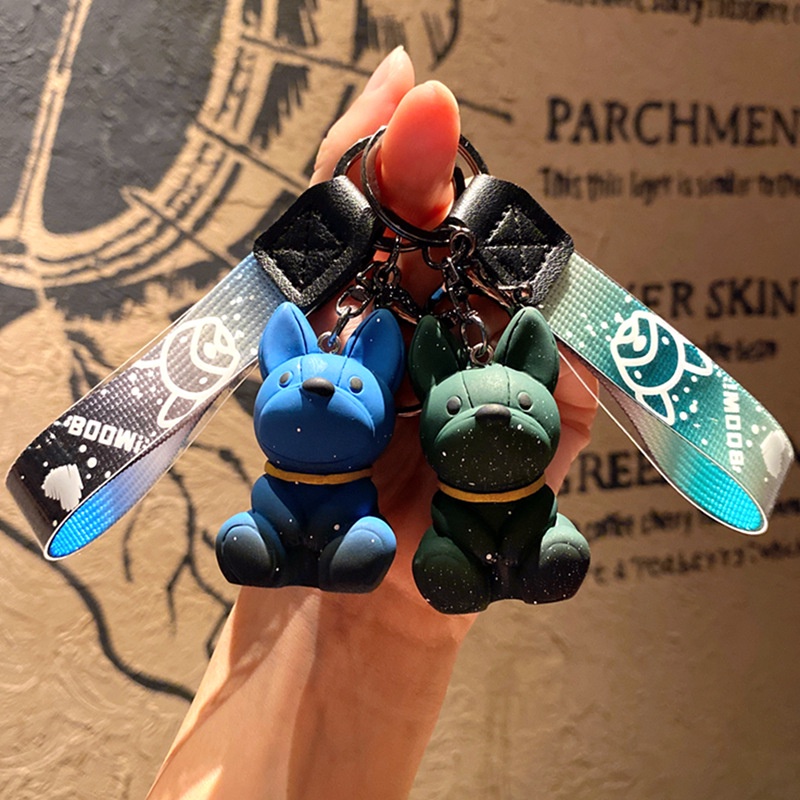 5warna 3D Lucu Gradien Warna Starlight Bulldog Dengan Rajutan Anti-lost Tali Gantungan Kunci Universal Tas Ransel Bluetooth Earphone Case Cover DIY Membuat Mobil Rumah Gantungan Kunci