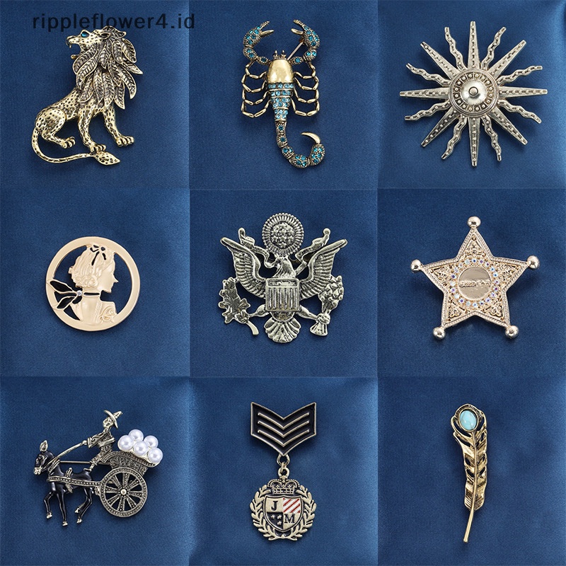 {rippleflower4.id} Vintage Gold Lion Bros Pria Jas Harajuku Broches Lapel Pin Retro Kreatif Cahaya Niche Korsase Aksesoris Perhiasan Laki-Laki~