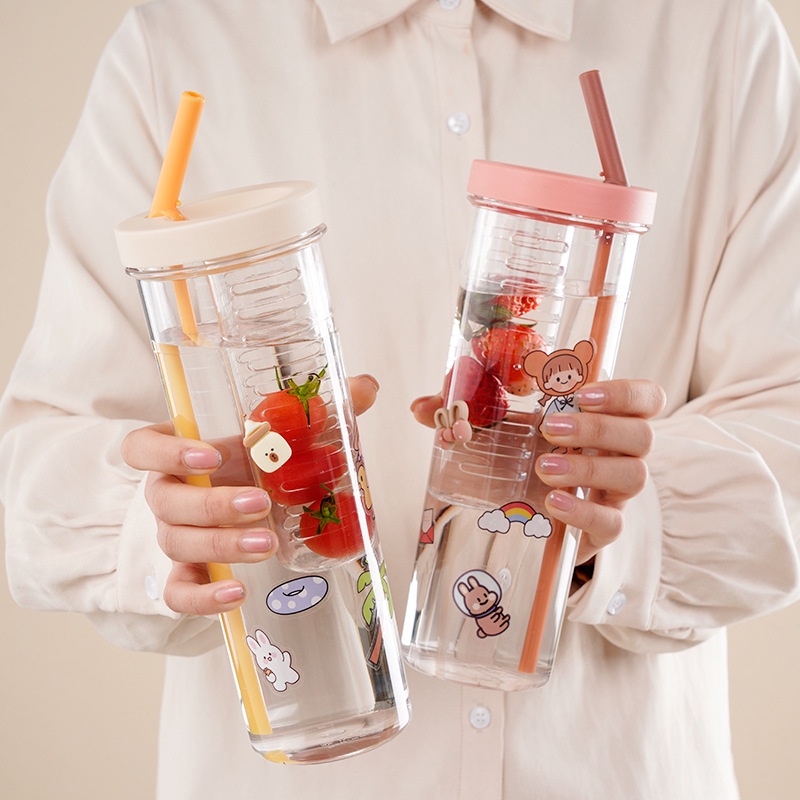 Amorashop1 Botol Minum Transparan Infused Water Botol Minum Sedotan Lipat Botol Minum Buah 700ML