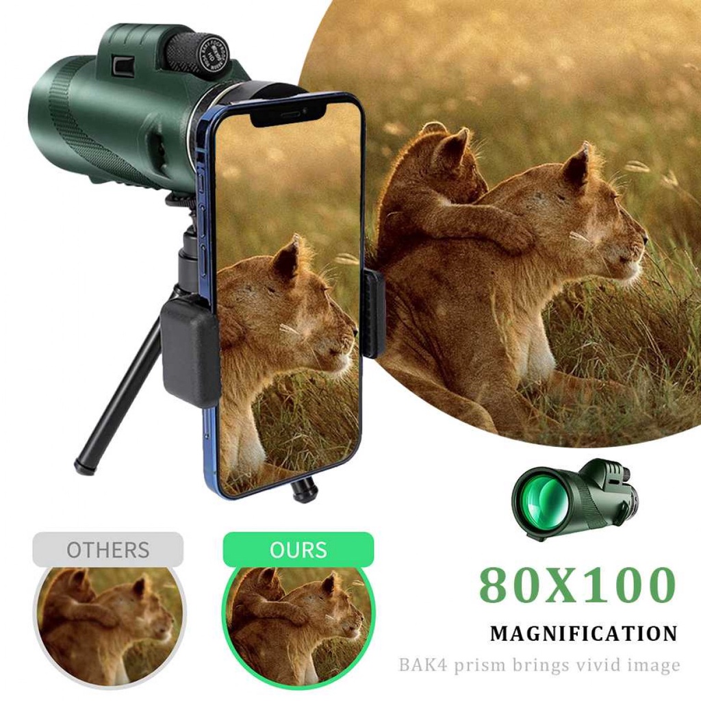 Teropong Monocular Pengamatan Outdoor Zoom 80x100 Tripod Phone Clip