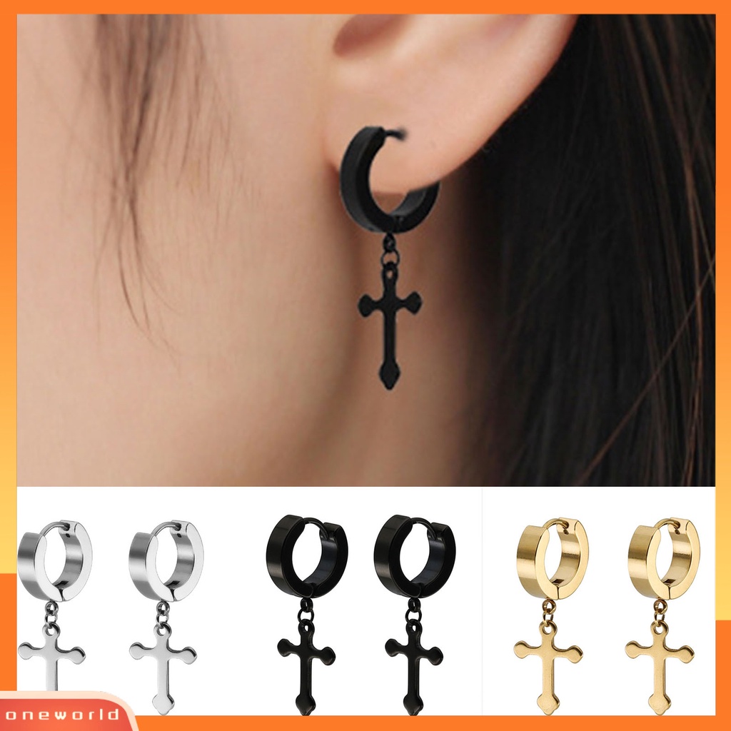 [WOD] 1pasang Anting Salib Menjuntai Tahan Lama Gaya Liontin Baja Titanium Pria Wanita Dewasa Liontin Salib Hoop Earring Untuk Pesta