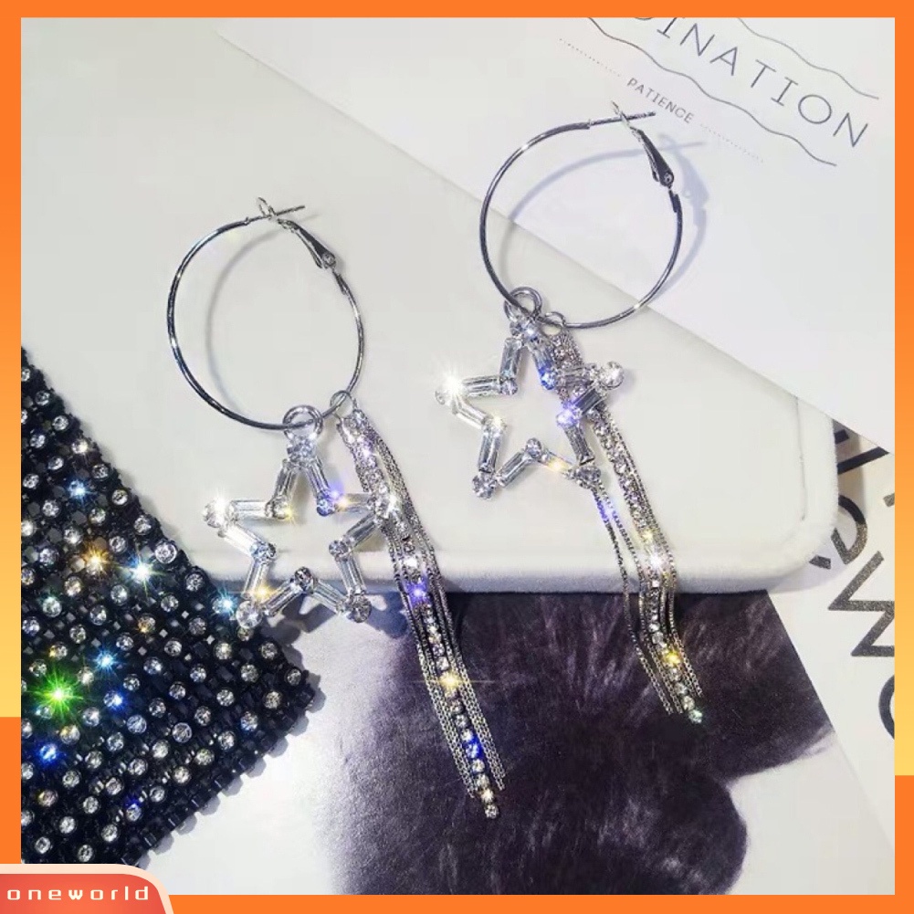 [WOD] Wanita Berlian Imitasi Berongga Bintang Panjang Rumbai Menjuntai Hoop Earrings Statement Jewelry