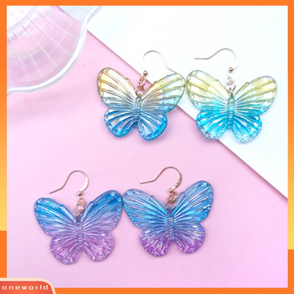 [WOD] 1pasang Tindik Warna Gradien Gadis Anting Akrilik Transparan Kupu-Kupu Drop Hook Earrings Perhiasan Aksesoris