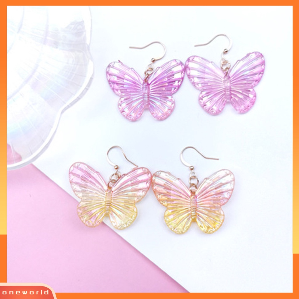 [WOD] 1pasang Tindik Warna Gradien Gadis Anting Akrilik Transparan Kupu-Kupu Drop Hook Earrings Perhiasan Aksesoris