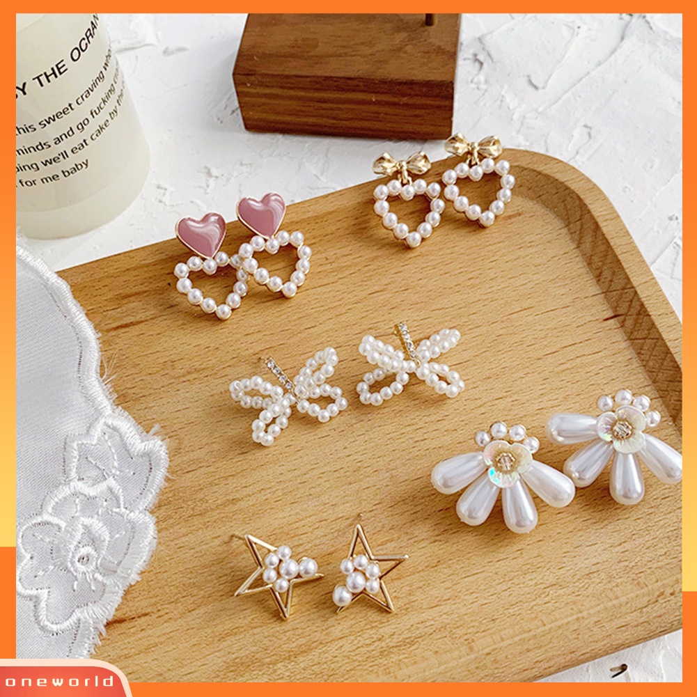 [WOD] Fashion Wanita Mutiara Imitasi Busur Bunga Hati Telinga Stud Bintang Anting Perhiasan Hadiah