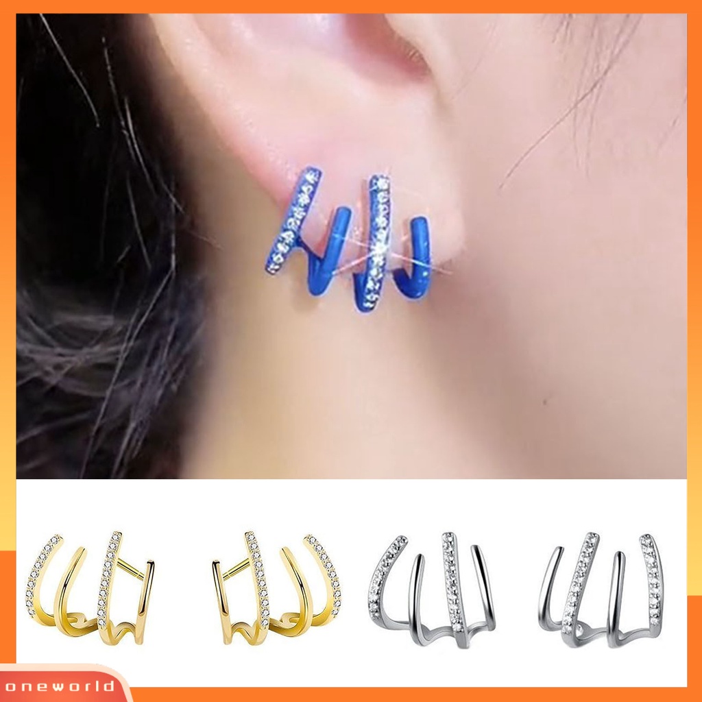 [WOD] 1pasang Berlian Imitasi Bersinar Ear Studs Pengerjaan Halus Kreatif Berbentuk U Empat Baris Wanita Anting Perhiasan Aksesoris