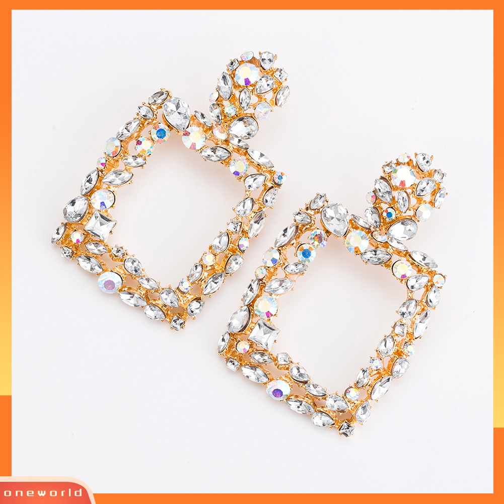 [WOD] Boho Berongga Persegi Berlian Imitasi Panjang Menjuntai Statement Lady Geometric Stud Earrings