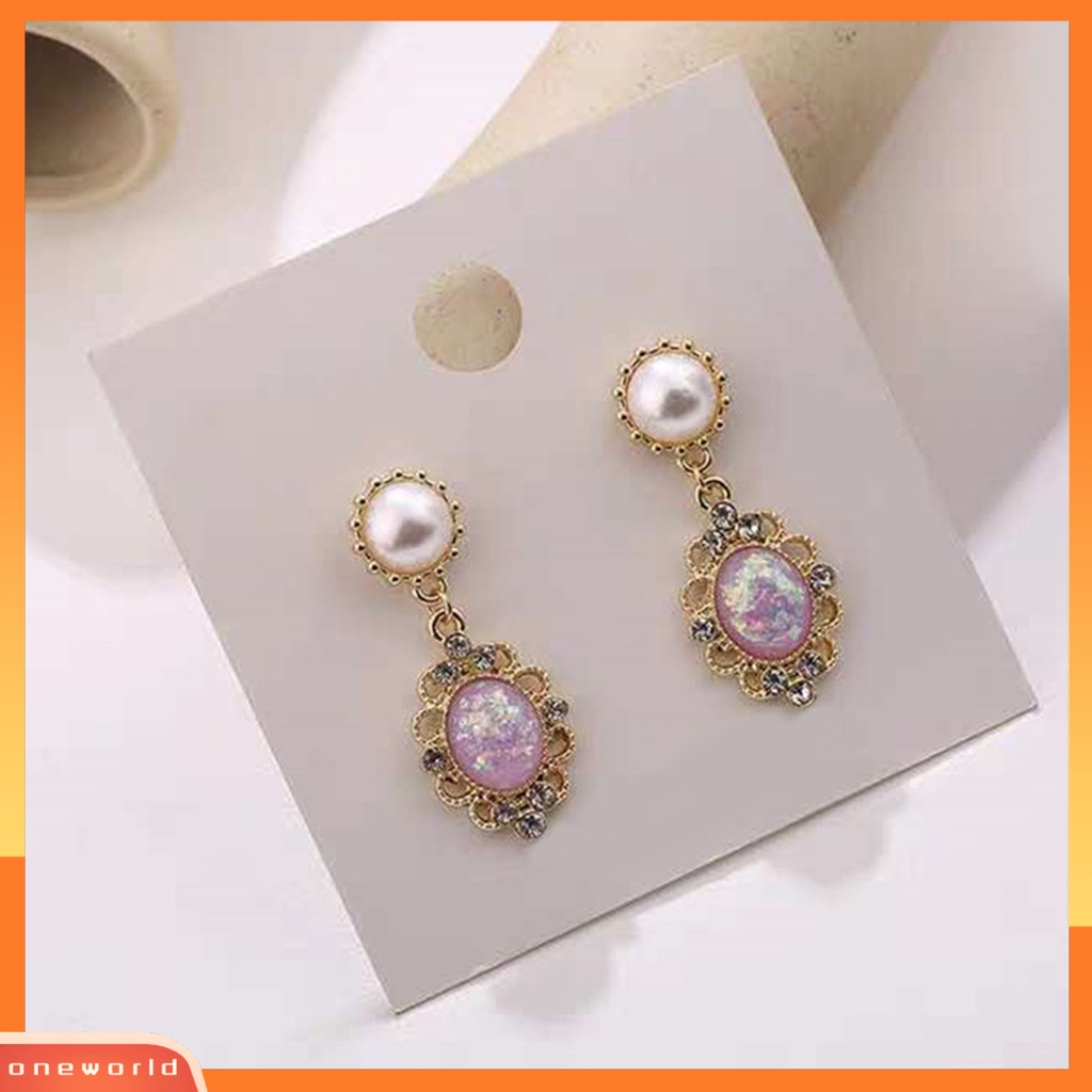 [WOD] 1pasang Wanita Drop Earrings Shiny Cubic Zirconia Mutiara Imitasi Royal Hollow Keluar Anting Perjamuan Perhiasan Perempuan