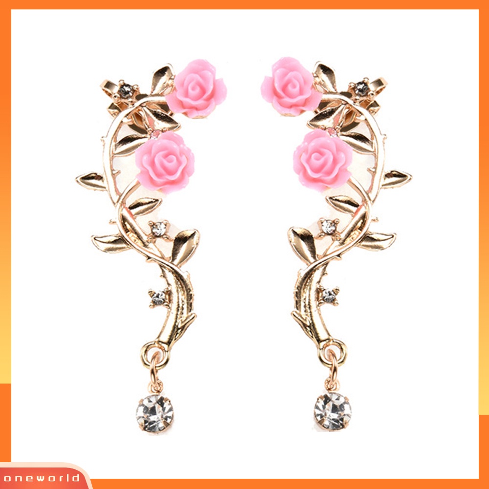 [WOD] Wanita Berlian Imitasi Bertatahkan Bunga Mawar Ear Stud Cuff Clip On Earrings Perhiasan Hadiah