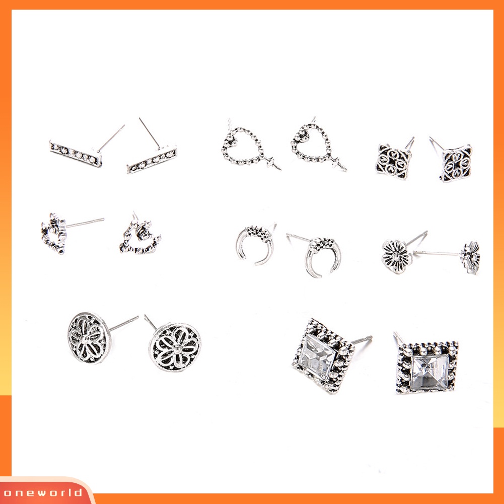 [WOD] 8pasang /Set Vintage Berongga Hati Salib Bunga Telinga Stud Anting Wanita Perhiasan