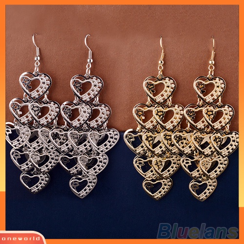 [WOD] Fashion Wanita Berongga Multilayer Manis Hati Menjuntai Kait Anting Panjang Perhiasan