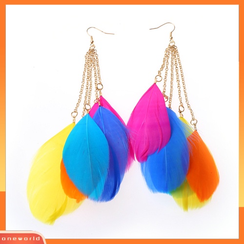 [WOD] Lady Bohemian Warna Kontras Handmade Bulu Panjang Menjuntai Eardrops Anting Kait