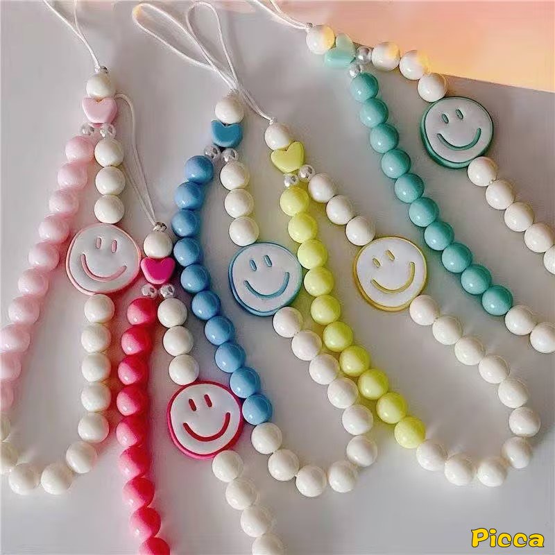 Kreatif DIY Manik-Manik Lanyard Rantai Telepon Akrilik Gadis Warna-Warni Cinta Mutiara Rantai Gantung Untuk Wanita Gadis Manis Smiley Aksesoris