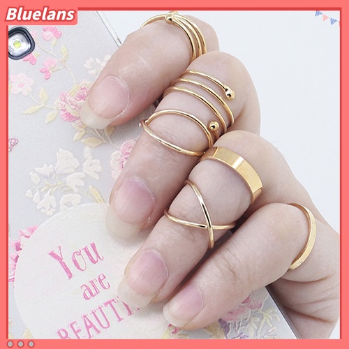 [BLS] 6pcs /Set Wanita Golden Tone Stack Polos Slim Band Midi Ring Spiral Knuckle Rings