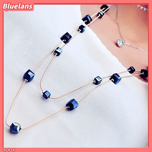 [BLS] Wanita Square Rhinestones Beads 2lapisan Golden Alloy Rantai Panjang Sweater Kalung
