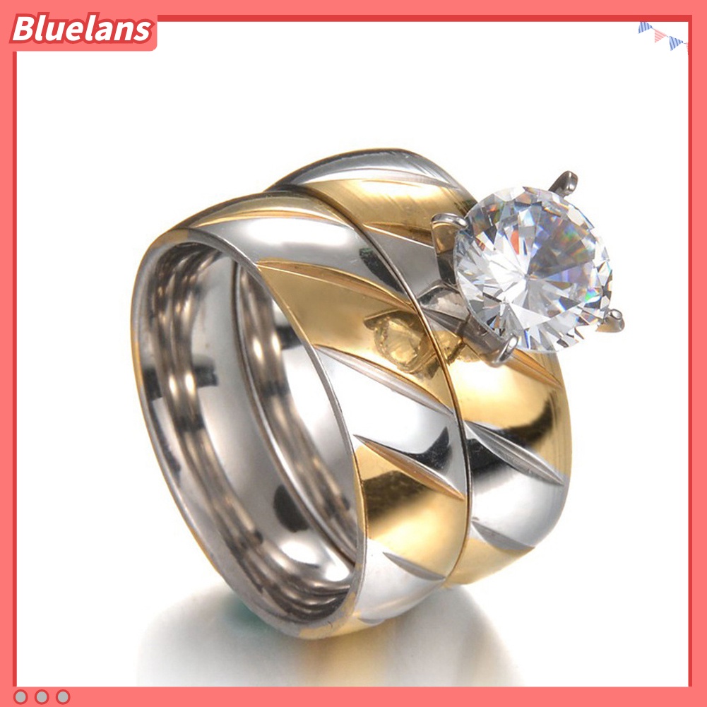 [BLS] 1pasang Perhiasan Cincin Pasangan Cubic Zirconia Stainless Steel Matching Hadiah Pernikahan