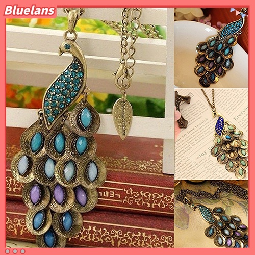 [BLS] Wanita Vintage Alloy Berlian Imitasi Merak Liontin Rantai Panjang Pesona Kalung