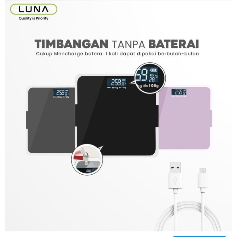 Luna Timbangan Badan Digital With USB Charging Anti Pecah With LCD GARANSI 3 TAHUN Official