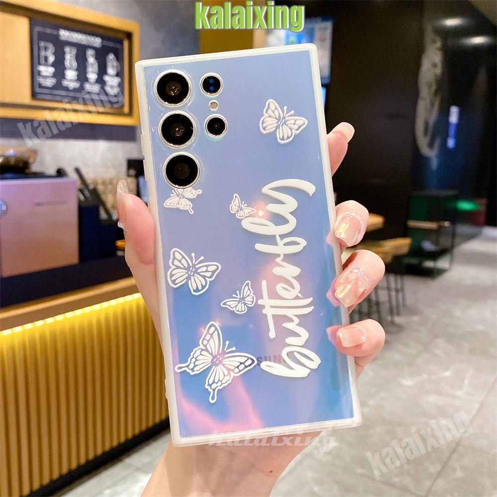 Casing Ponsel Kupu-Kupu Laser Untuk Galaxy Samsung S21 Plus S22/S23/Ultra Plus Dengan Braket Teleskopik Penutup Belakang Lembut