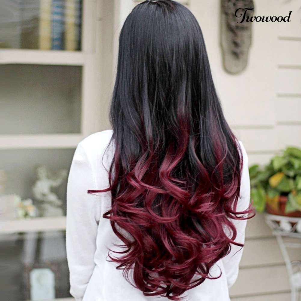 Twowood Wanita Gelombang Besar Panjang Keriting Bergelombang Warna Gradasi Ombre Tiga Per Empat Wig Rambut Penuh