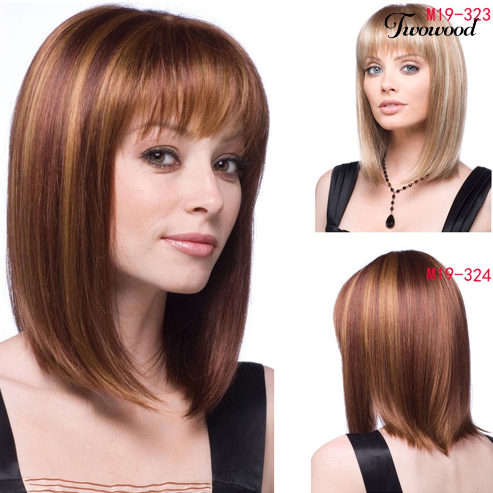 Twowood Fashion Pendek Bob Lurus Poni Wig Wanita Alami Sopak Cosplay Aksesori