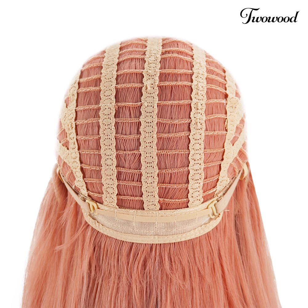 Twowood Wanita Panjang Keriting Rambut Sintetis Rose Net Pink Wig Pesta Ekstensi Sopak