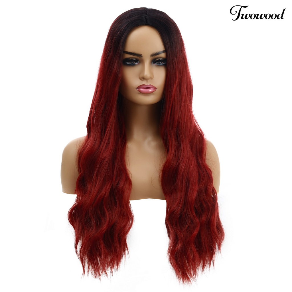 Twowood Wanita Gradiasi Warna Pusat Parting Panjang Keriting Wig Rambut Palsu Cosplay Sopak