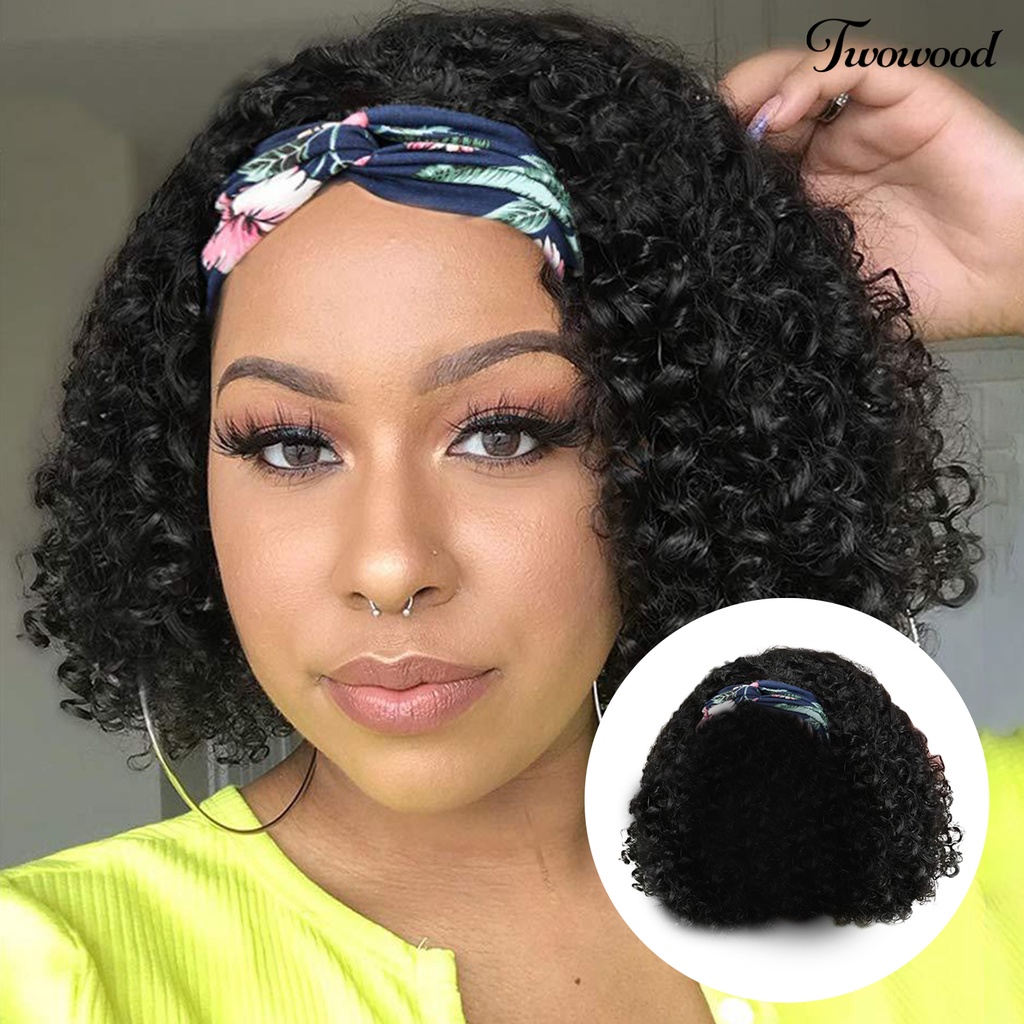 Twowood 1set Turban Wig Mudah Dipakai Lembut Berbulu Trendi Kosmetik Sehat Aksesori Suhu Tinggi Sutra Keriting Rambut Wanita Wig Untuk Kehidupan Sehari-Hari