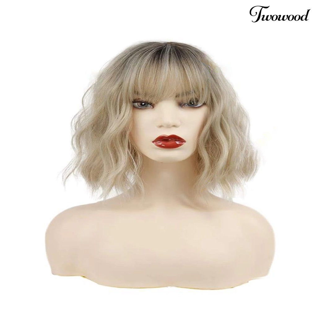 Twowood Water Ripple Wig Fashion Lembut Berbulu Mudah Dipakai Tahan Panas Alat Kosmetik Suhu Tinggi Silk Air Bangs Curly Wig Rambut Pendek Untuk Kehidupan Sehari-Hari