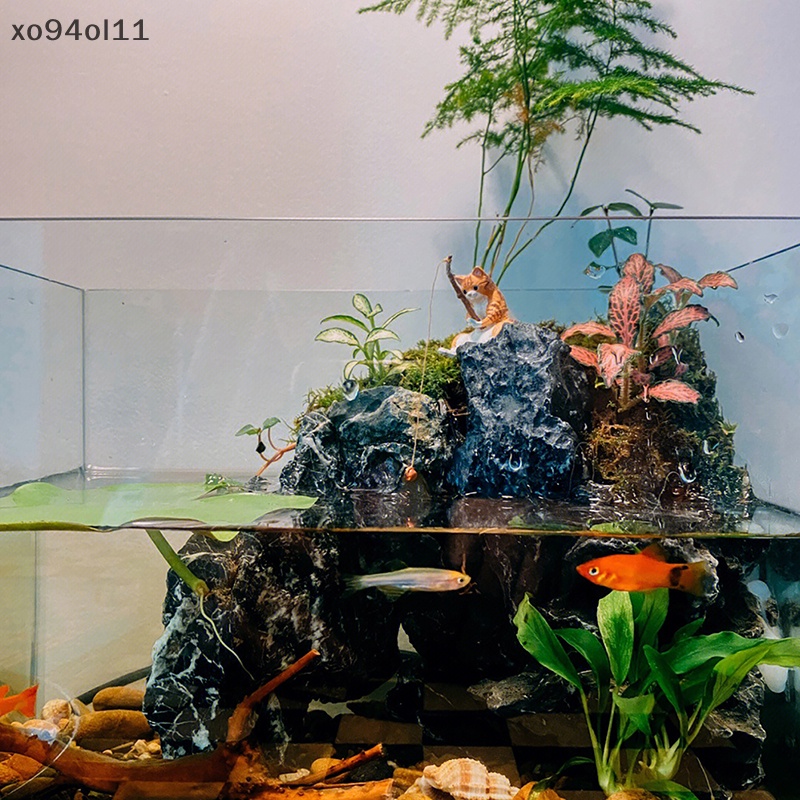 Xo Ornamen Kucing Pancing Dekorasi Aquarium Lansekap Ikan Patung Kucing Kartun OL