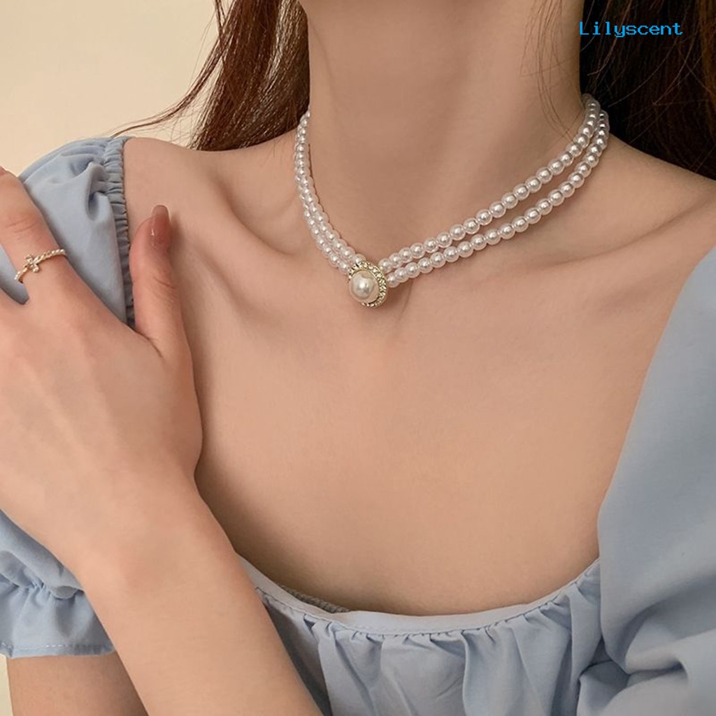 [LS]1 Set Kalung Pengantin Gaya Perancis Vintage Temperamen Double Layer Elegan Hadiah Hypoallergenic High Gloss Mutiara Imitasi Anting Cincin Perhiasan Pernikahan