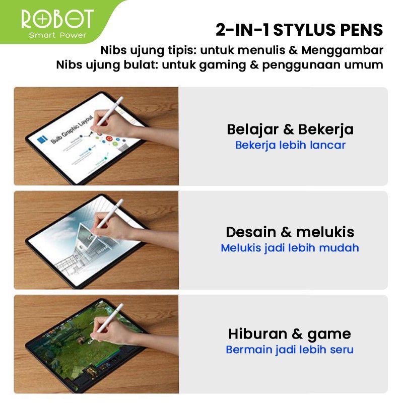 (ROBOT SP-01) Stylus Pen Universal 2 in 1 Capacitive for Mobile and Tablet PC Pen Touchscreen.