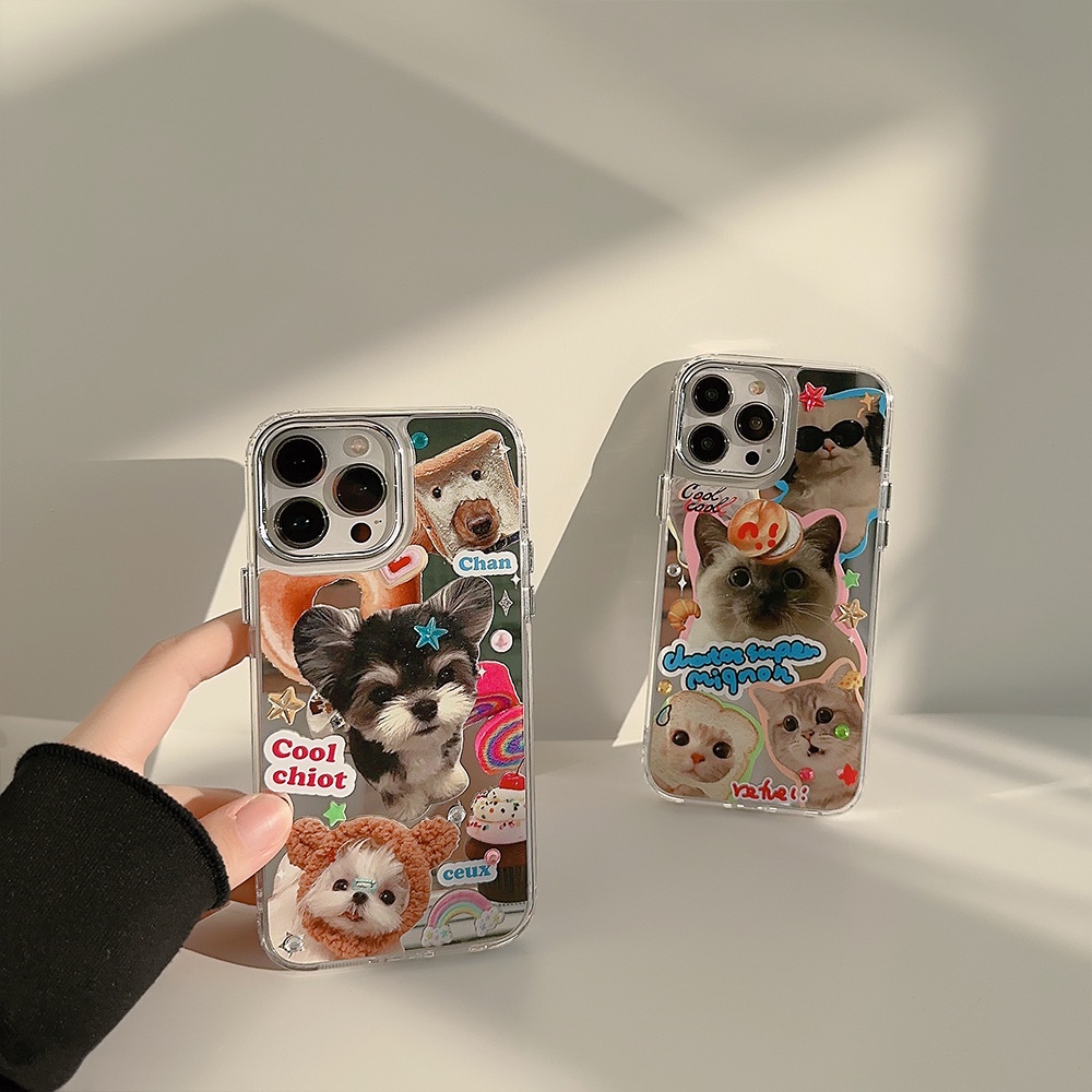 IPHONE Hewan Lucu Pasangan Kekasih Ponsel Case Puppy Dog Cat Electroplated Camera Frame Cover Dengan Manik-Manik Berlian Imitasi Stiker Untuk Iphone11 12 13 14 PRO MAX