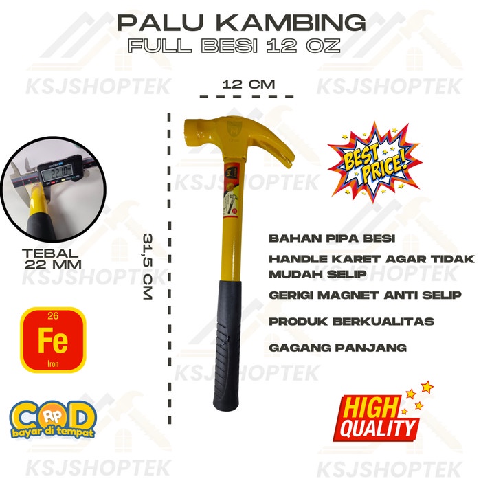 Palu Kambing Full Besi Maxtech Pipa Besi 12 oz Gagang Besi Claw Hammer