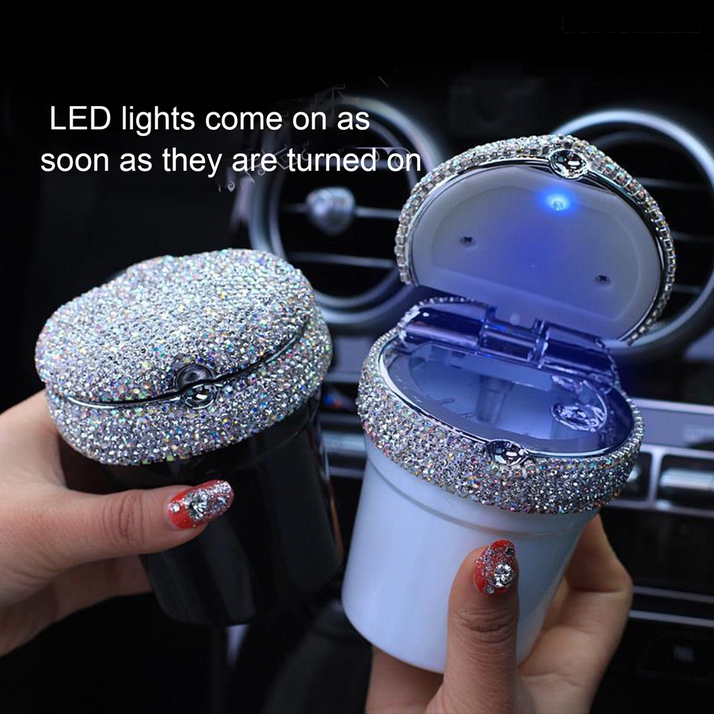 [SM] Car Ash Tray with Lid LED Blue Light Odor Proof less Mini Rhinestone Tanam Tempat Tong Sampah Otomatis Aksesoris Interior Mobil