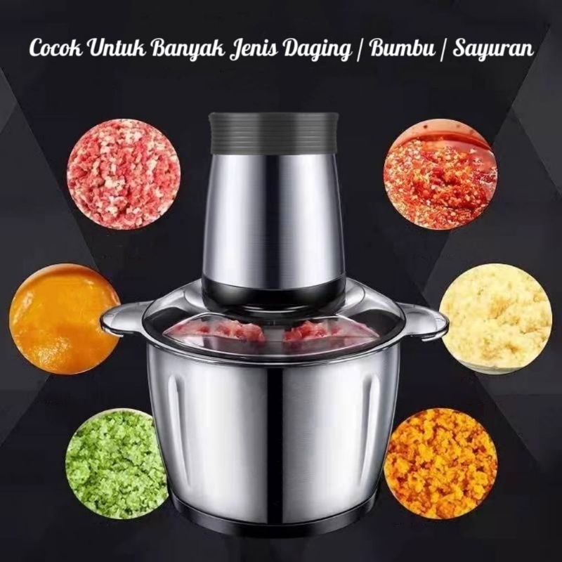 JT - Chopper Blender Daging Bumbu Sayuran Penggiling Meat Blender Elektrik Stainless 2L
