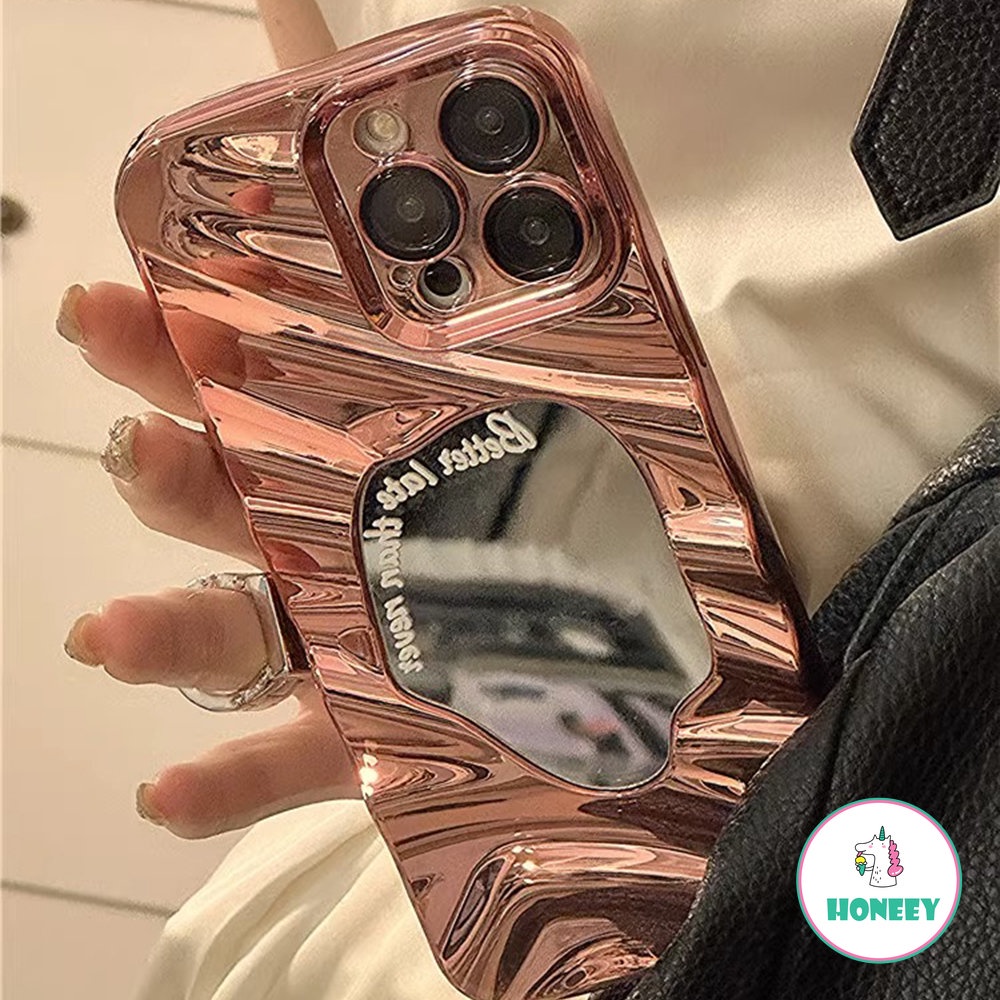 Ins Ripple Air Glossy Disepuh Makeup Mirror Phone Case Kompatibel Untuk iPhone 11 Pro Max13 12 Pro 14promax Fashion Tidak Teratur Penutup Belakang