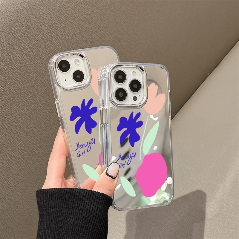 IPHONE Casing Ponsel Cermin Bunga Graffiti Kartun Kompatibel Untuk Iphone11 12 13 14 12Pro 13Pro 14Pro Pro Max XR X XS Max Electroplating Tombol Perlindungan Mirror Cover