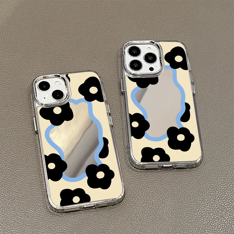IPHONE Casing Ponsel Cermin Bunga Hitam Kompatibel Untuk Iphone11 12 13 14 12Pro 13Pro 14Pro Pro Max XR X XS Max Electroplating Tombol Perlindungan Mirror Cover