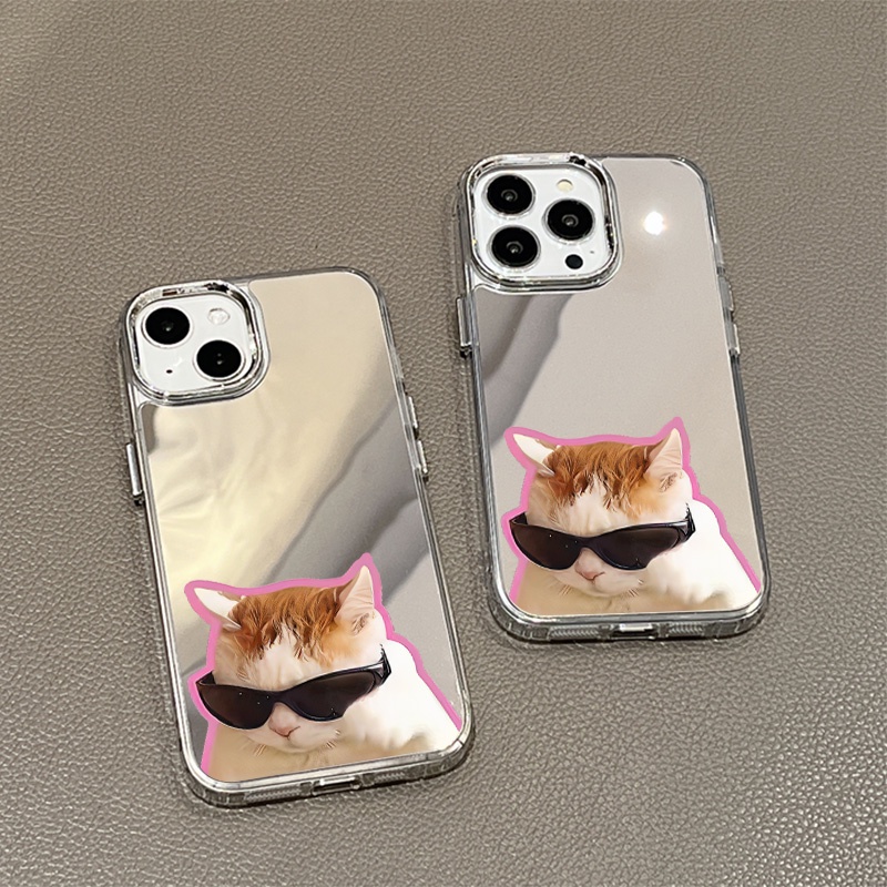 IPHONE Kacamata Hitam Lucu Cat Mirror Phone Case Kompatibel Untuk Iphone11 12 13 14 12Pro 13Pro 14Pro Pro Max XR X XS Max Electroplating Tombol Perlindungan Mirror Cover