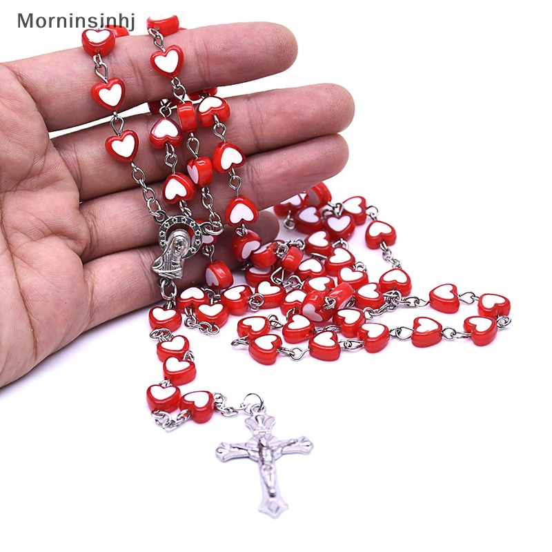 Mornin Merah Cinta Hati Rosario Yesus Salib Liontin Kalung Wanita Kristen Fashion Perhiasan Hadiah id