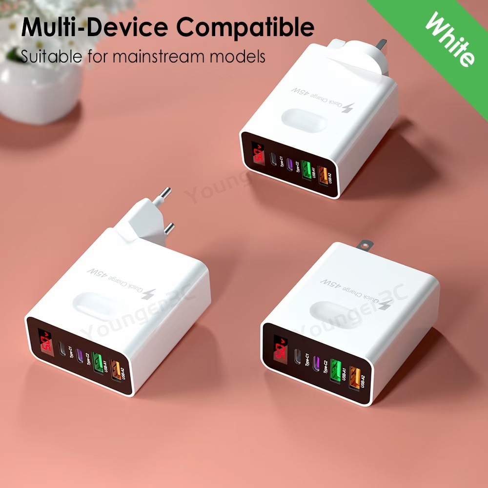 45w Charger Tampilan Digital Cerdas 3.1A 2USB+2PD Pengisian Cepat Travel Charging Adoptor Multi Antarmuka USB Charging Adapter