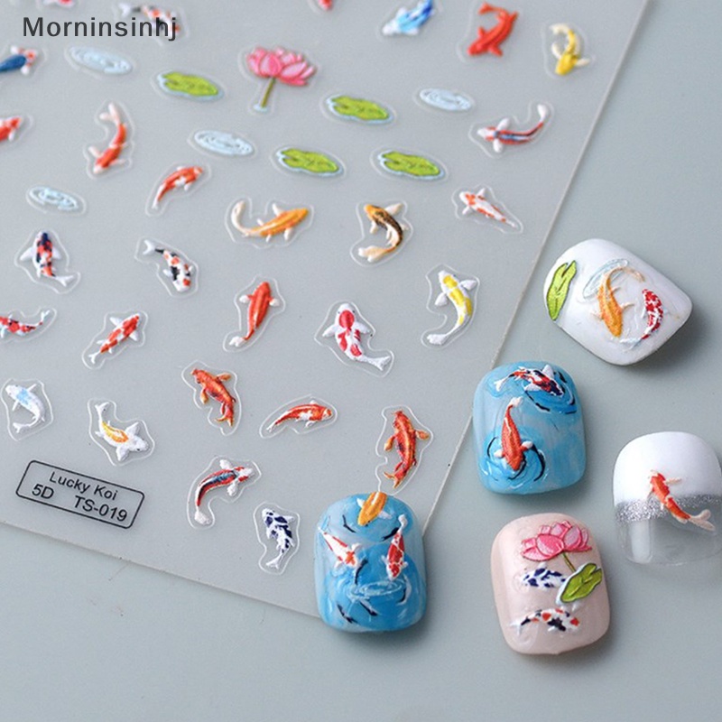 Mornin 5D Timbul Warna-Warni Daun Teratai Ikan Kecil Lembut Relief Nail Art Stiker DIY id