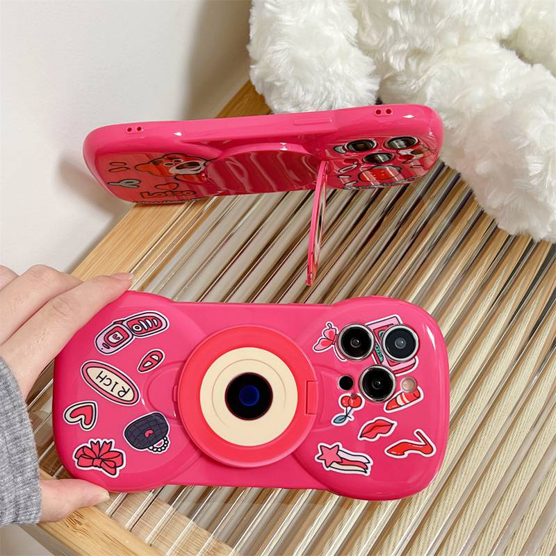 【Bow Mirror】So Cute Pink Lotso Strawberry Bear Silicone SoftCase IPhone 11 12 13 14 Pro Max Women's Fashion Gift Phone Case Brand Gift Pink Makeup