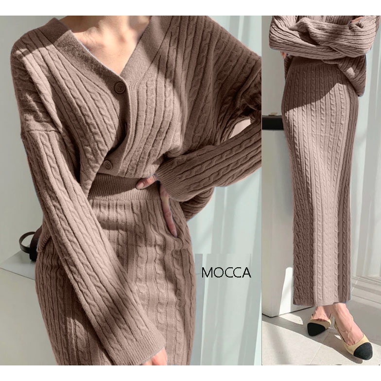 Rok maxi knit skirt motif cable dan cardigan set